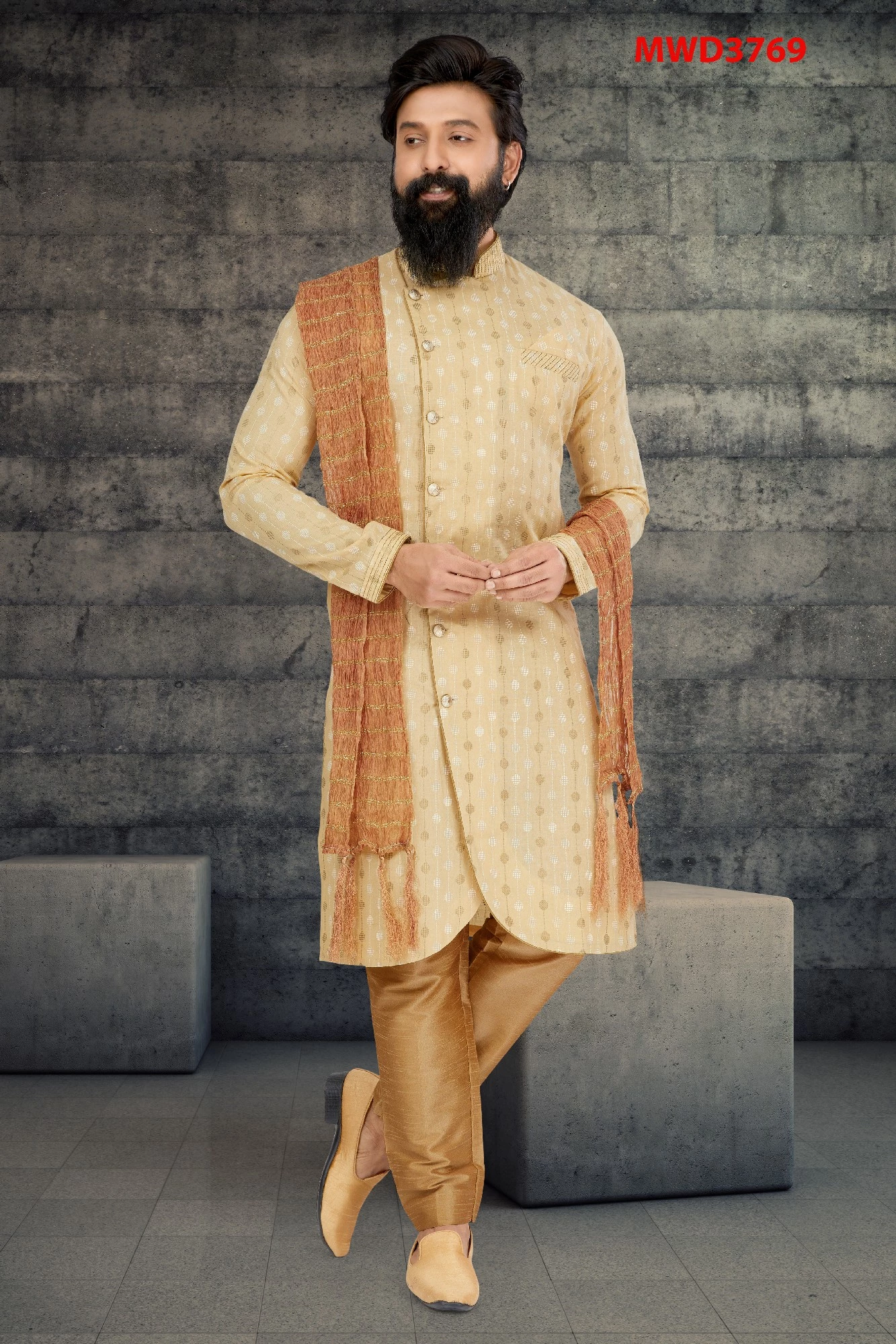 Beige Indo Western Sherwani In Printed Work, 36-1.webp